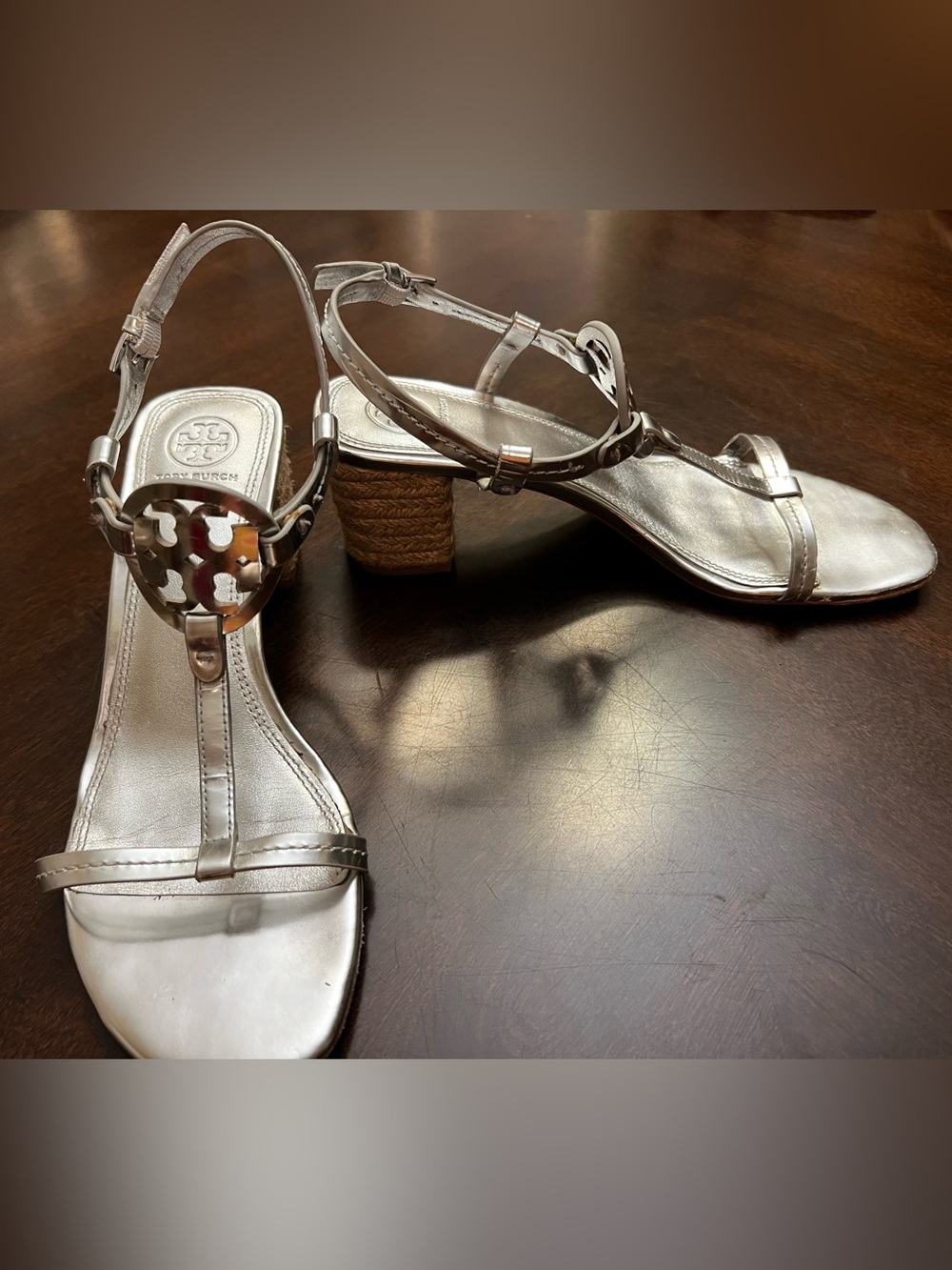 Tory Burch Silver Metallic Logo Wedge Sandals with Braided Heel